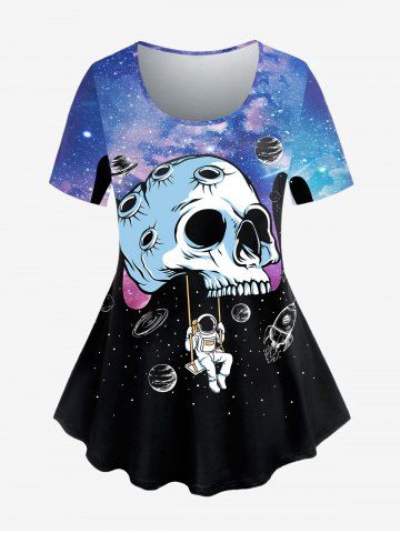 Gothic Short Sleeve Skull Galaxy Astronaut Print T Shirt - BLUE - 4X | US 26-28