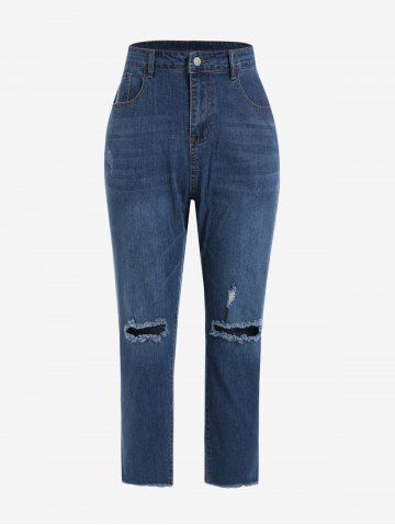 Plus Size Hole Ripped Cat's Whiskers High Rise Jeans - LIGHT BLUE - L