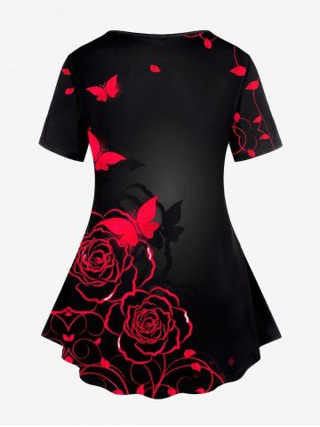 Plus Size Butterfly Rose Printed Short Sleeves Tee