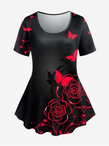 Plus Size Butterfly Rose Printed Short Sleeves Tee - RED - 5X | US 30-32