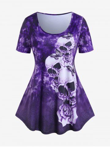 Gothic Short Sleeve Skull Butterfly Print Tee
