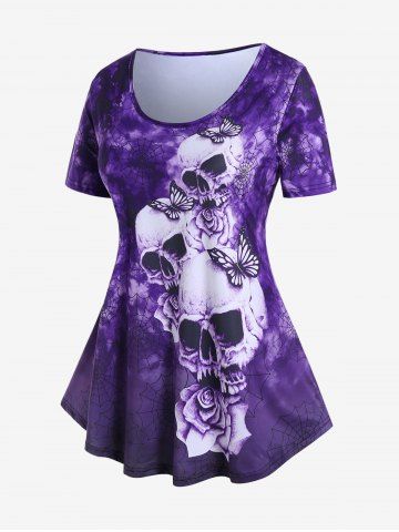 Gothic Short Sleeve Skull Butterfly Print Tee - PURPLE - 1X | US 14-16