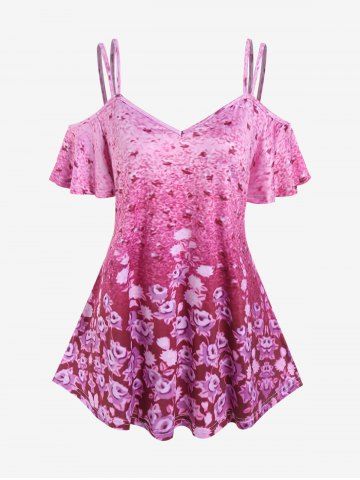 Plus Size Full Printed Cold Shoulder Short Sleeves Tee - LIGHT PINK - M | US 10