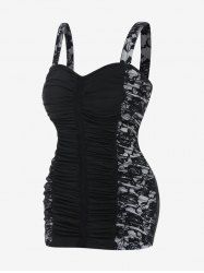 Plus Size Ruched Lace Panel Fitted Tank Top -  