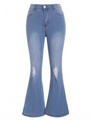 Ripped Light Wash Pockets Zipper Fly Flare Jeans -  