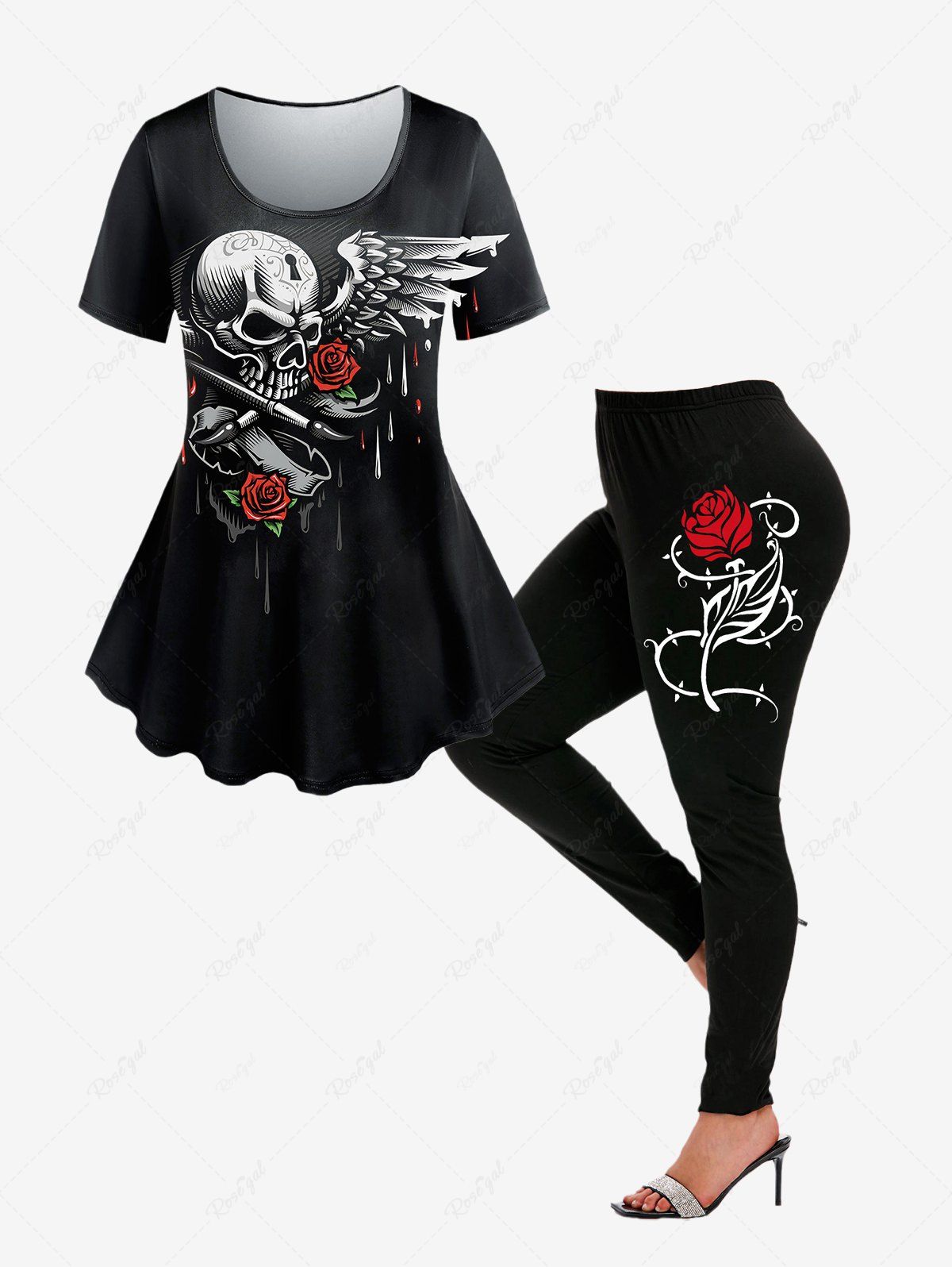 Latest Skull Rose Wings Printed Tee and Skinny Leggings Gothic Outfit  