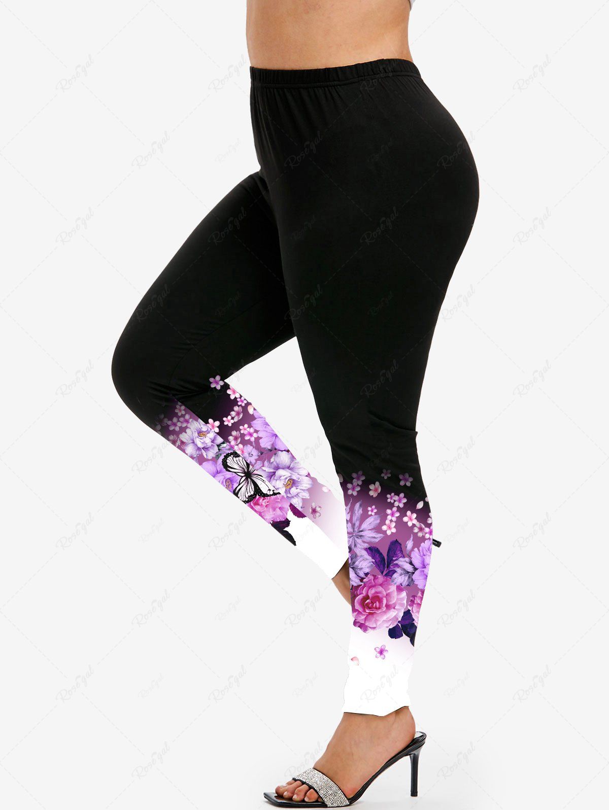Affordable Plus Size High Waist Floral Butterfly Print Leggings  