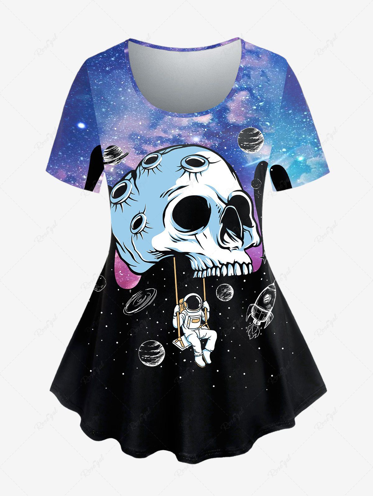T-shirt à Imprimé Crâne Galaxie à Manches Courtes Bleu 