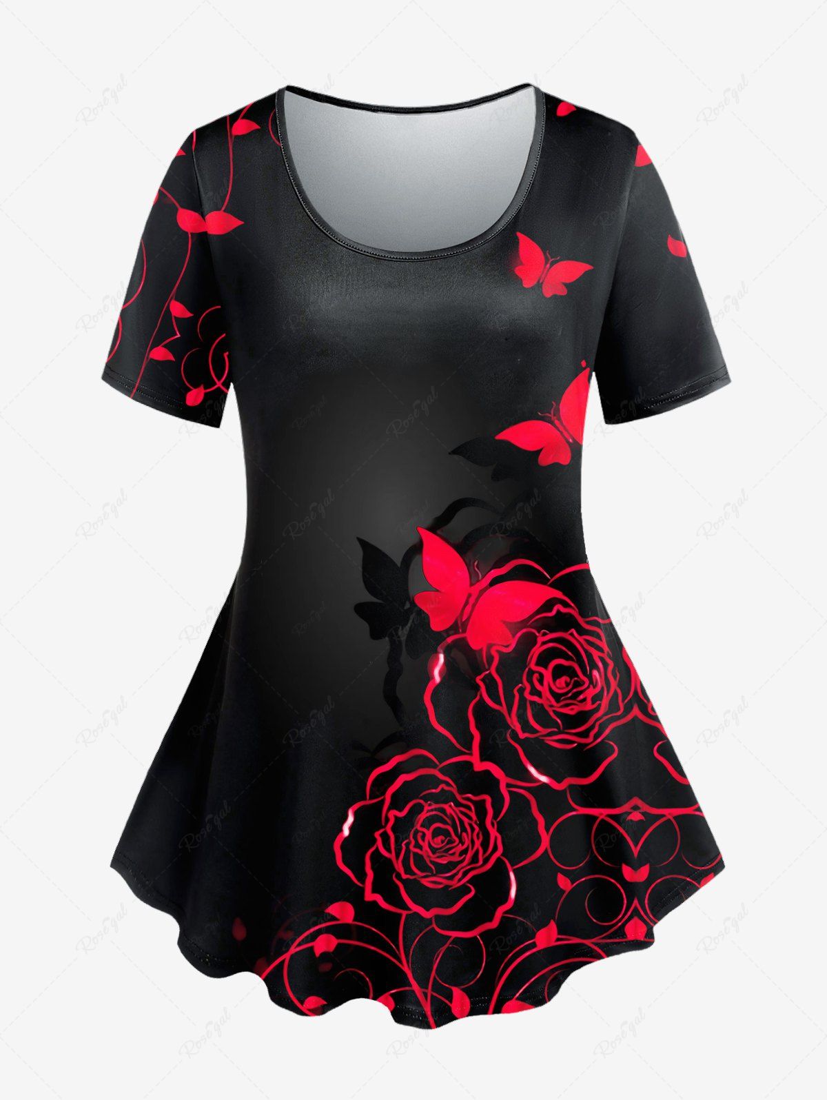 T-shirt à Imprimé Rose Papillon de Grande Taille à Manches Courtes Rouge 5x | US 30-32