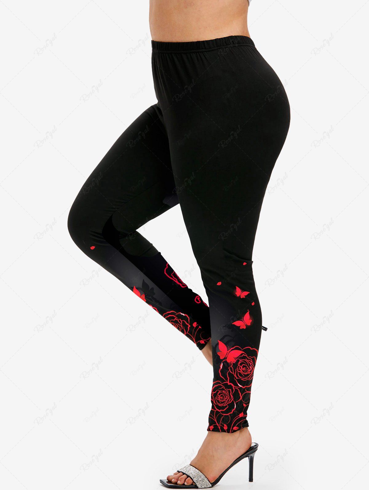 Fashion Plus Size Butterfly Rose Printed Skinny Leggings  