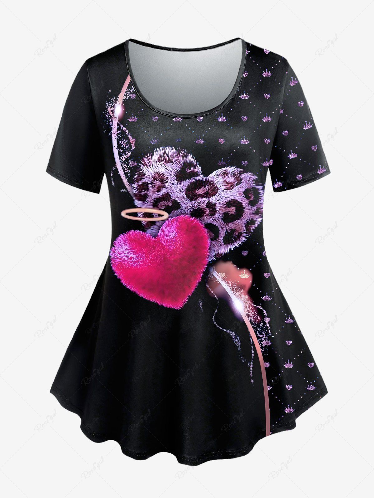 Trendy Plus Size Short Sleeve Leopard Heart Print T-shirt  