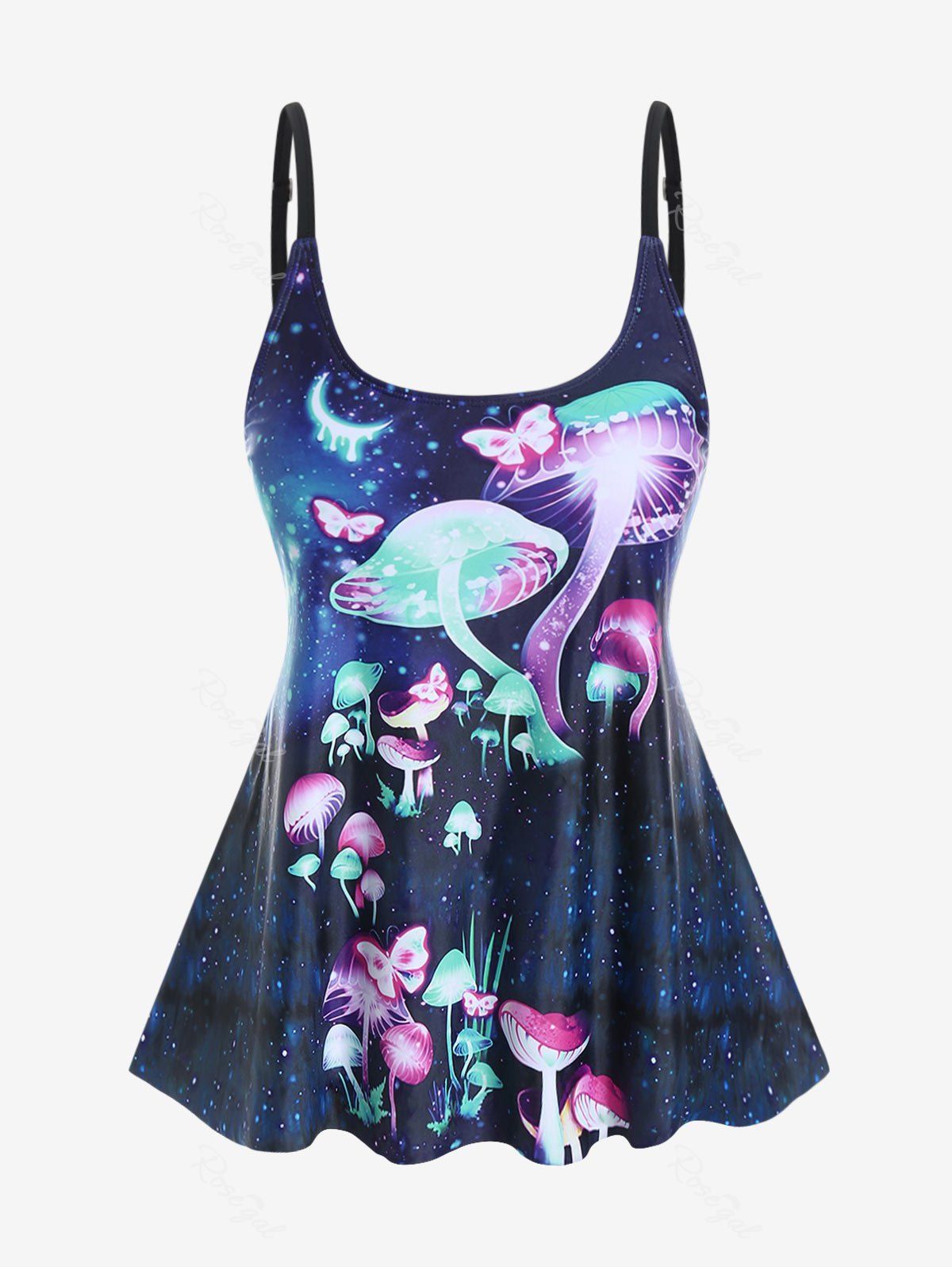 New Plus Size Galaxy Butterfly Mushroom Printed Backless Padded Swim Top  