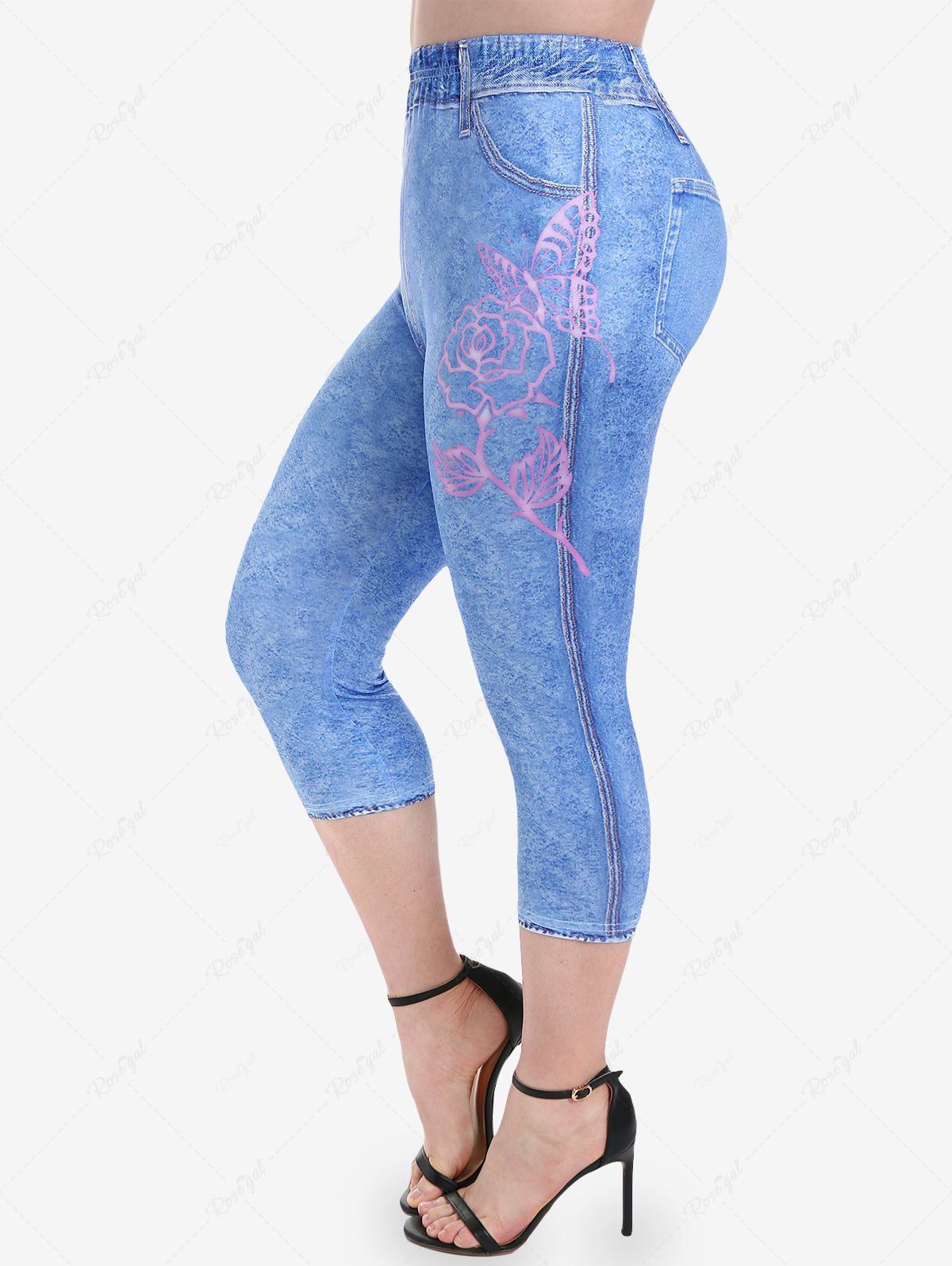 Cheap Plus Size 3D Jeans Butterfly Rose Printed Skinny Leggings  