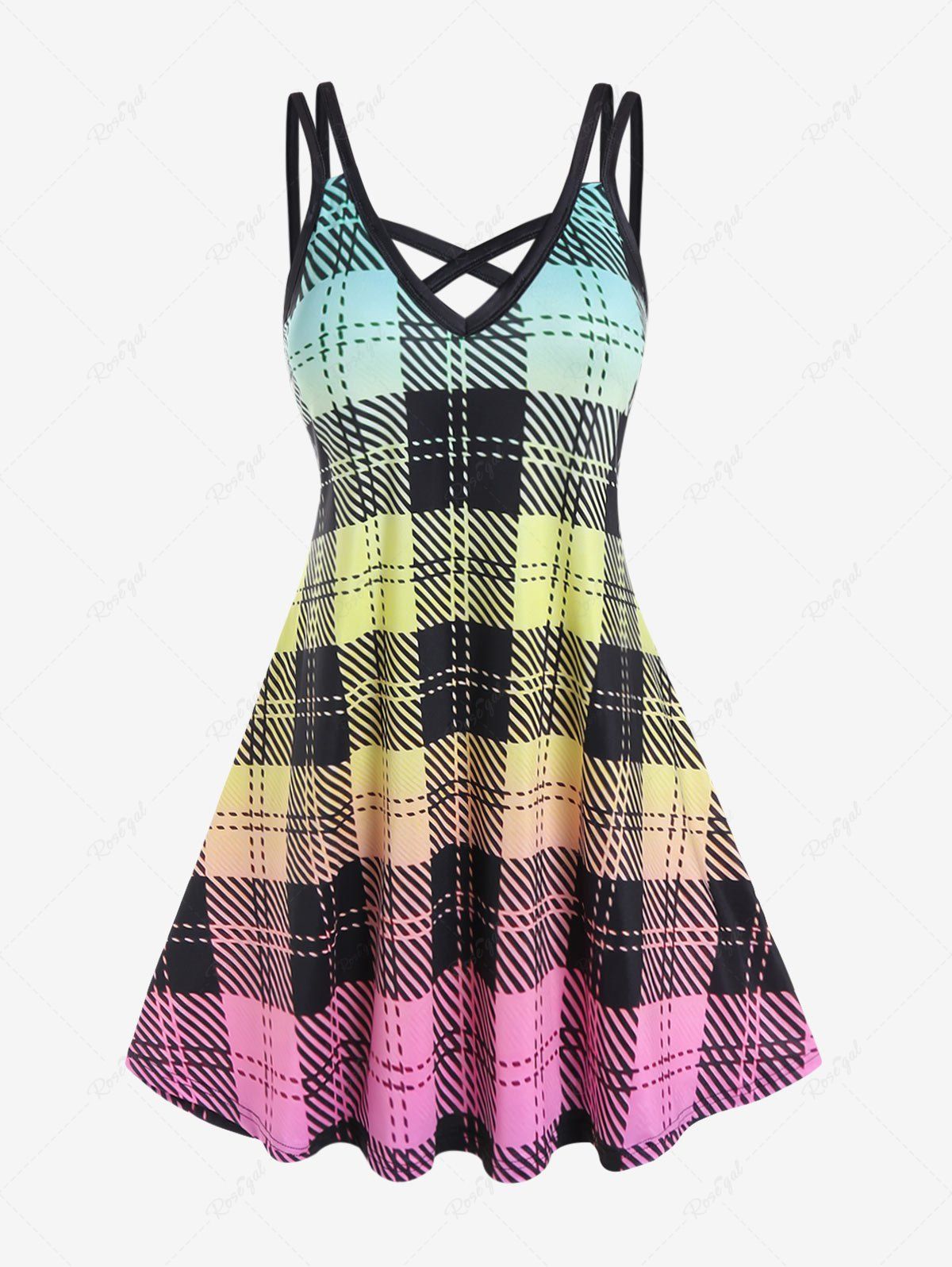 New Plus Size Ombre Color Plaid Crisscross A Line Dress  