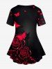 T-shirt à Imprimé Rose Papillon de Grande Taille à Manches Courtes - Rouge 2X | US 18-20