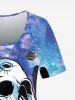 T-shirt à Imprimé Crâne Galaxie à Manches Courtes - Bleu 