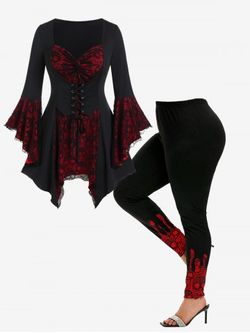 Bell Sleeve Skull Lace Handkerchief Tee and Gothic Skull Lace Print Skinny Leggings Outfit - RED