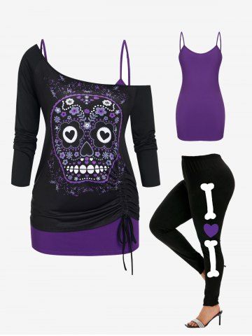 Skull Skew Collar Cinched T-shirt and Cami Top Set and Skeleton Heart Print Halloween Leggings Outfit - PURPLE