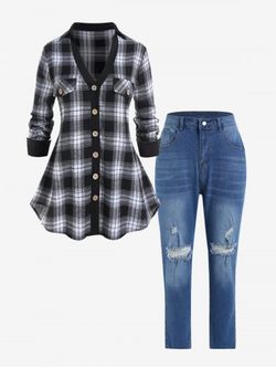 Plus Size Flap Pockets Plaid Tunic Shirt and High Rise Ripped Jeans Outfit - BLACK