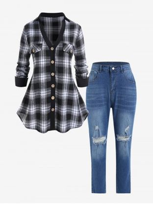 Plus Size Flap Pockets Plaid Tunic Shirt and High Rise Ripped Jeans Outfit