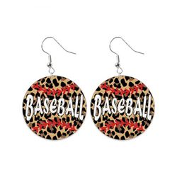 Leopard Baseball Print Faux Leather Round Dangle Drop Earrings - MULTI