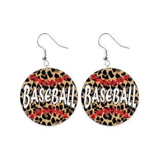Leopard Baseball Print Faux Leather Round Dangle Drop Earrings
