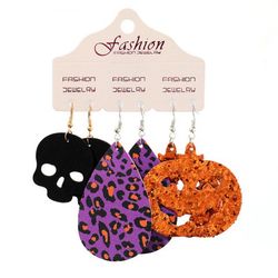 3pcs Halloween Waterdrop Leopard Skull Pumpkin Dangle Earrings - MULTI