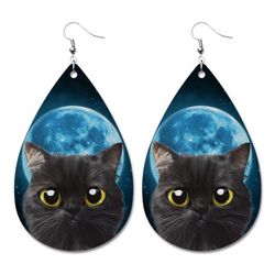 Halloween Moon Cat Faux Leather Water Drop Dangle Earrings - BLUE