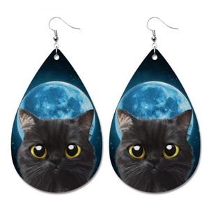 Halloween Moon Cat Faux Leather Water Drop Dangle Earrings