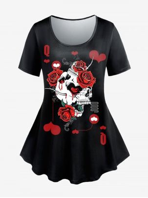 Gothic Skulls Rose Heart Printed Short Sleeves Tee