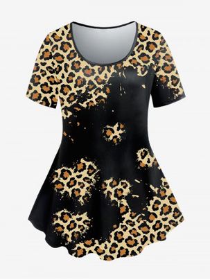 Plus Size Animal Leopard Printed Short Sleeves Tee