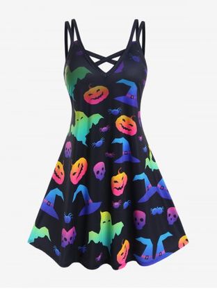 Plus Size Pumpkin Bats Ghosts Printed Halloween Crisscross A Line Dress