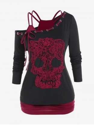 Gothic Skew Neck Skull Lace Tee and Ruched Tank Top Set