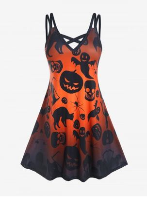 Halloween Pumpkin Ghosts Bats Skulls Printed Crisscross A Line Dress