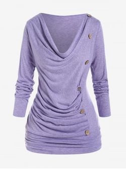 Plus Size Cowl Neck Ruched Long Sleeves Tee with Buttons - LIGHT PURPLE - M | US 10