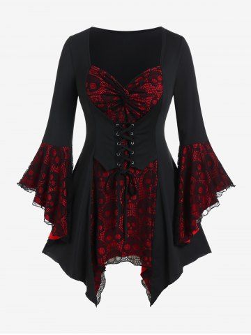 Halloween Vampire Costumes Gothic Bell Sleeve Skull Lace Handkerchief Tee and Skinny Leggings Outfit