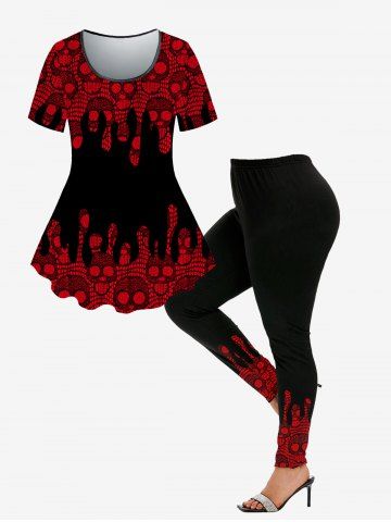 Gothic Skull Lace Print T-shirt and Gothic Skull Lace Print Skinny Leggings Matching Set - RED