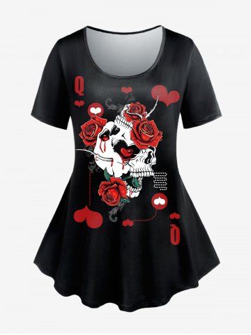 Gothic Skulls Rose Heart Printed Short Sleeves Tee - DEEP RED - L | US 12