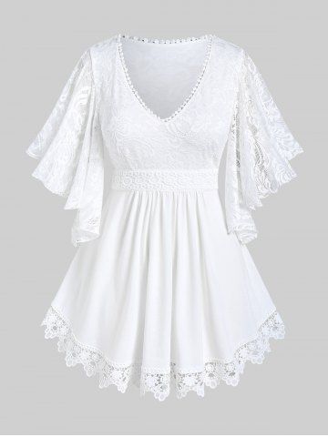 Plus Size Lace Panel Butterfly Sleeve Blouse - WHITE - L | US 12