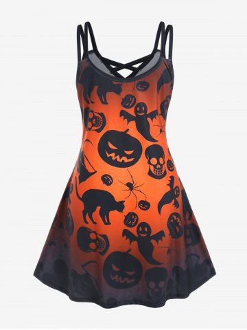 Halloween Pumpkin Ghosts Bats Skulls Printed Crisscross A Line Dress