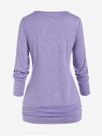 Plus Size Cowl Neck Ruched Long Sleeves Tee with Buttons