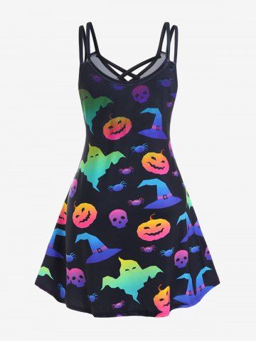 Plus Size Pumpkin Bats Ghosts Printed Halloween Crisscross A Line Dress