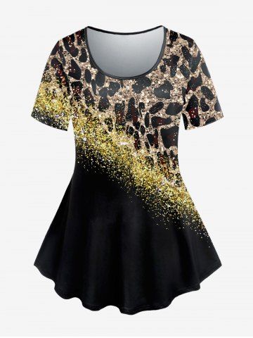 Plus Size Short Sleeve Leopard Glitter Print T-shirt - BLACK - 5X | US 30-32