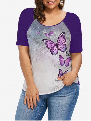 Plus Size Raglan Sleeve Butterfly Print Tee - PURPLE - 1X | US 14-16