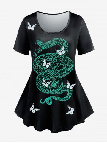 T-shirt à Imprimé Serpent Papillon à Manches Courtes de Grande Taille - DEEP GREEN - 5X | US 30-32