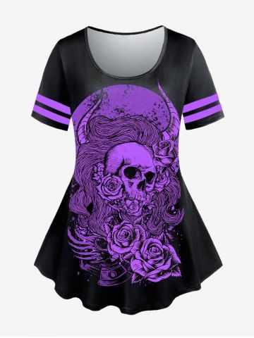 Gothic Short Sleeve Skull Rose Print T-shirt - BLACK - 3X | US 22-24