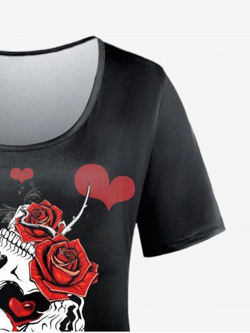 Gothic Skulls Rose Heart Printed Short Sleeves Tee