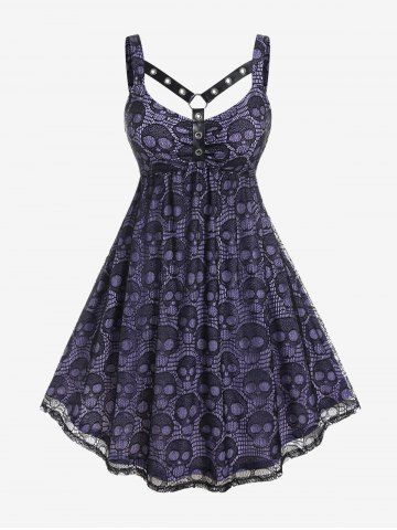 Plus Size Harness Grommets Skull Lace  Knee Length Dress - LIGHT PURPLE - L | US 12