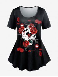 T-shirt Gothique à Imprimé Rose Cœur Crâne à Manches Courtes - Rouge foncé 4x | US 26-28