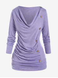 T-shirt Plissé de Grande Taille Manches Longues à Col Bénitier avec Boutons - Violet clair 3x | US 22-24